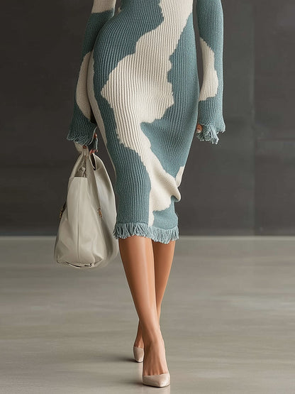 Teal Contrast Knit  Half Zip Long Sleeve Bodycon Dress With Fringed Hem