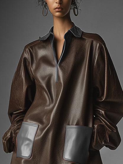 Dark Brown Faux Leather Dress With Front Pockets