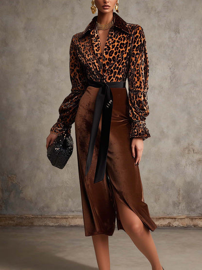 Brown Velvet Midi Dress With Leopard Print And Belt
