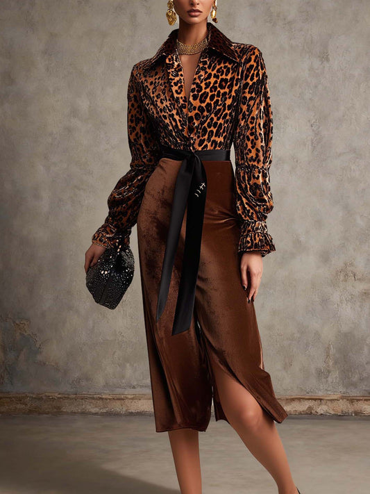 Brown Velvet Midi Dress With Leopard Print And Belt