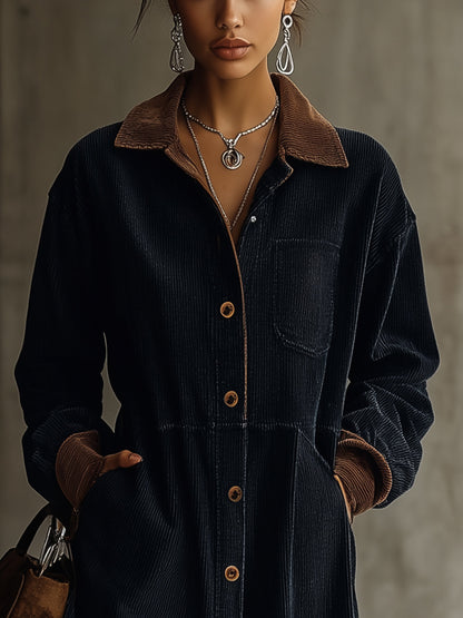 Navy Corduroy Shirt Dress With Contrast Collar And Cuffs