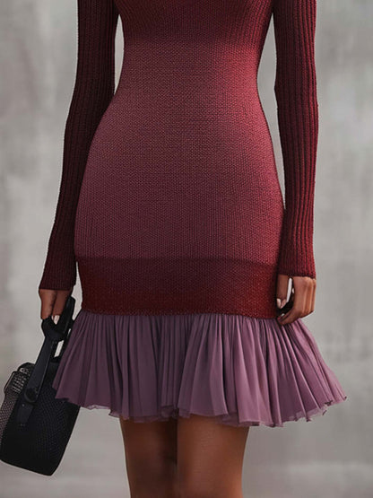 Elegant Burgundy Knit Bodycon Dress With Chiffon Ruffles
