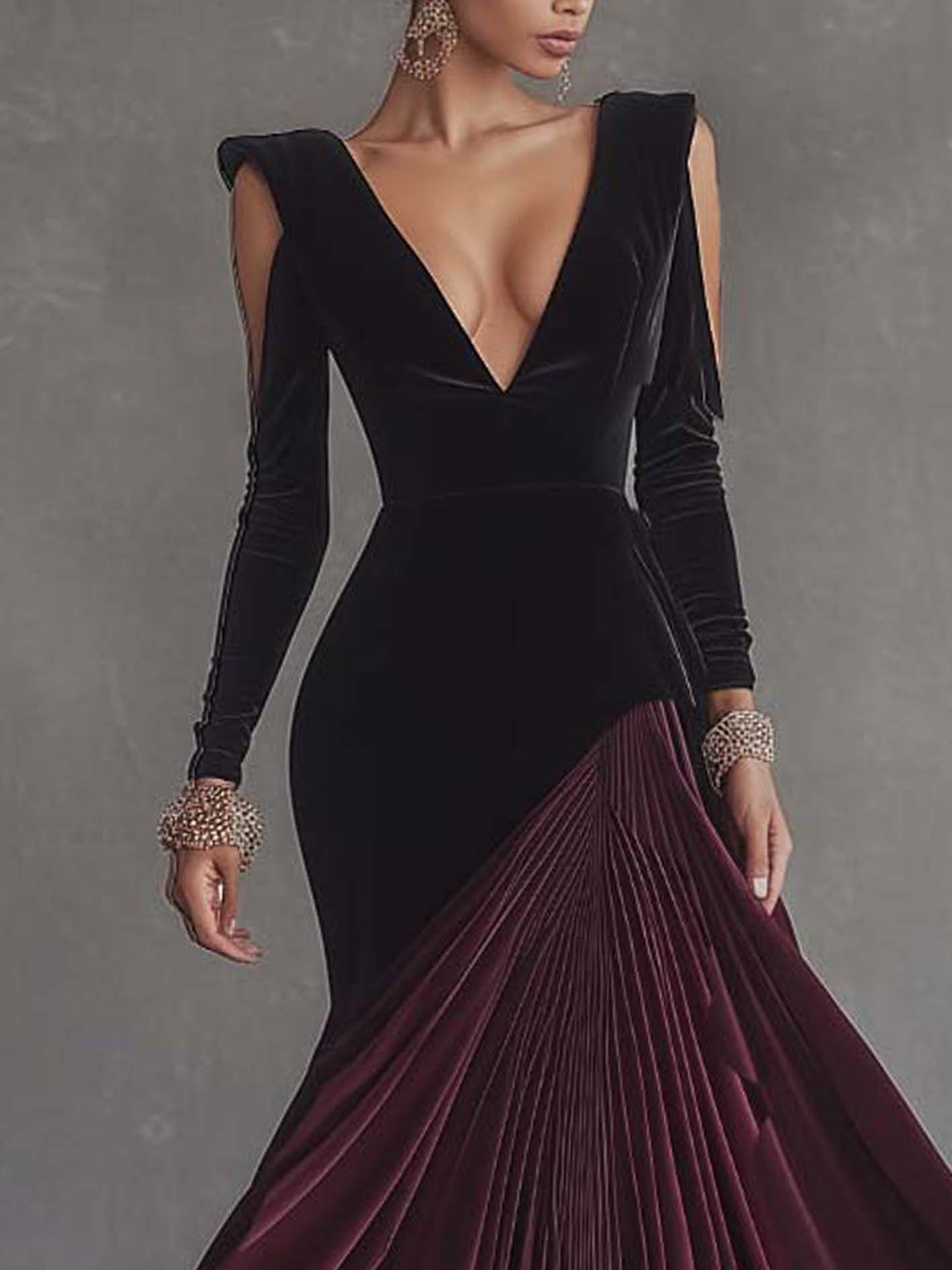 Cold Shoulder Stitching Burgundy Black Velvet Maxi Dress