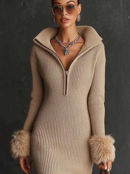 Camel Knit Long Sleeve Mini Dress With Faux Fur Cuff Detail