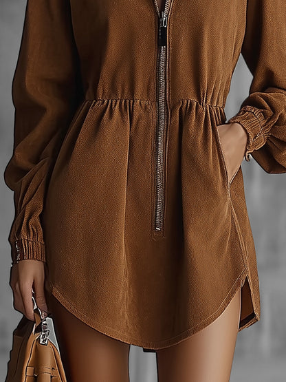 Brown Zip-Up Faux Suede Dress