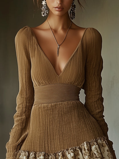 Brown Long Sleeve Dress With Floral Ruffle Trim Hem