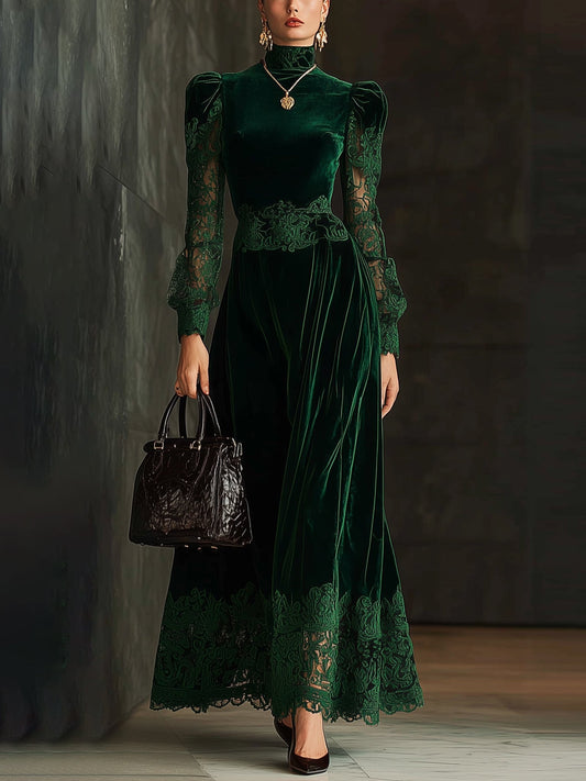 Emerald Velvet Lace Trim High Neck Long Sleeve Maxi Dress