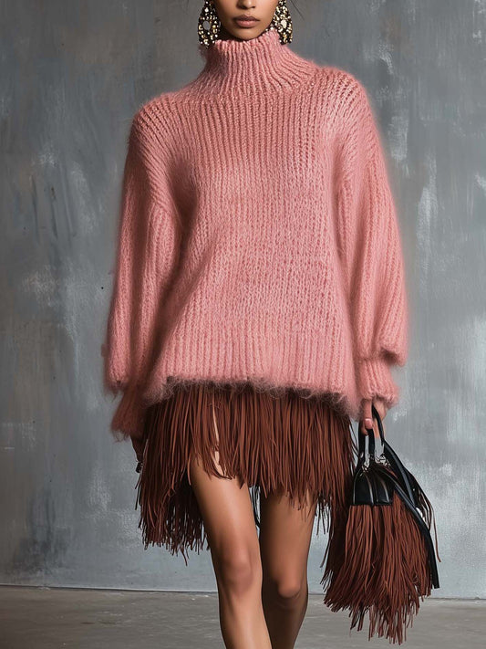 Pink Knitted Mini Dress With Brown Tassels