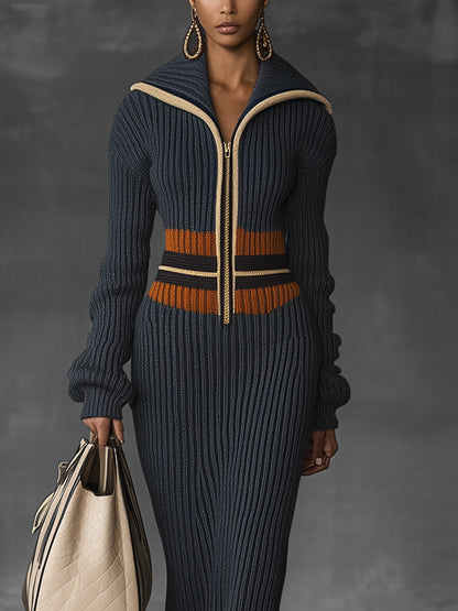 Navy Blue Chic Ribbed Knit Zipper Dress