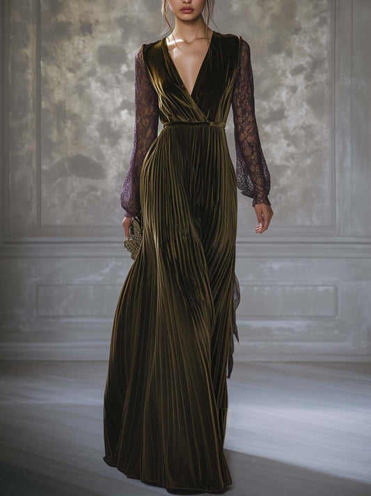 Olive Green Velvet Maxi Dress With Purple Mesh Sleeves