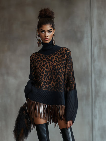 Dark Blue Fringe Leopard Turtleneck Knit Dress
