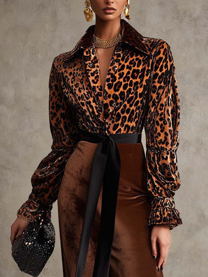 Brown Velvet Midi Dress With Leopard Print And Belt