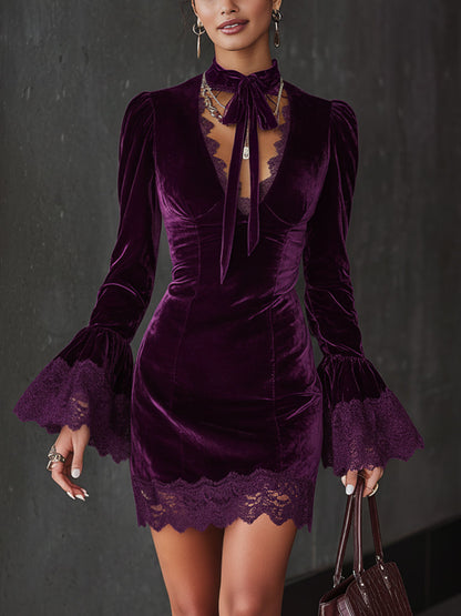 Plum Velvet Lace Trim Tie Neck Long Sleeve Mini Dress