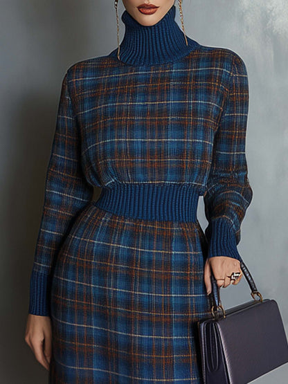 Blue Knitted Mini Dress With High Neckline And Plaid Pattern