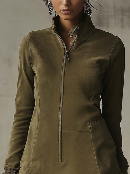 Olive Green Faux Suede Mini Dress With Zipper And Lace