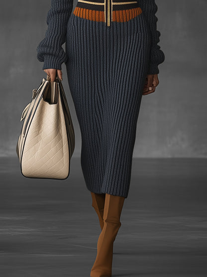 Navy Blue Chic Ribbed Knit Zipper Dress