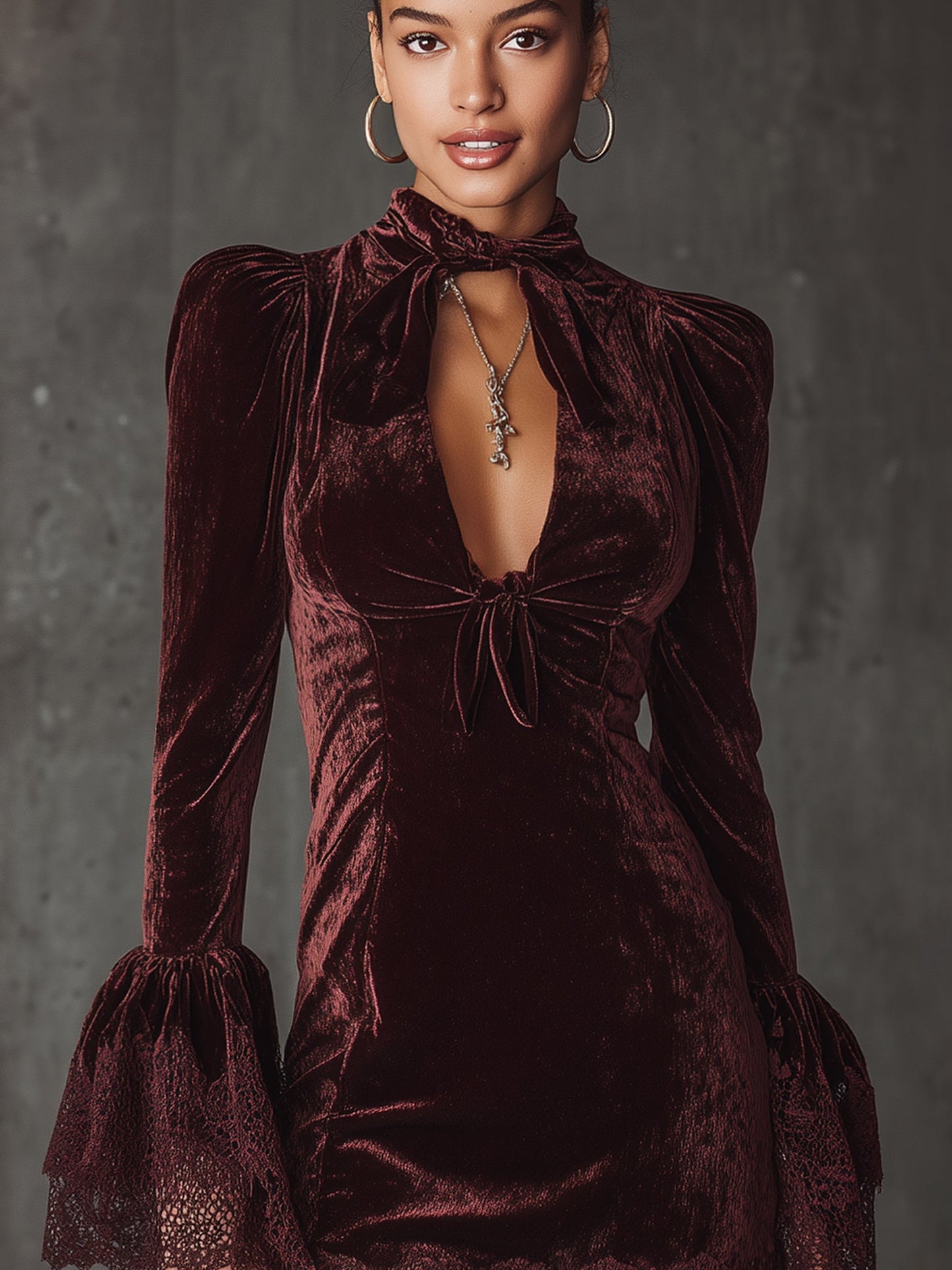 Burgundy Velvet Lace Trimmed Long Sleeve Mini Dress
