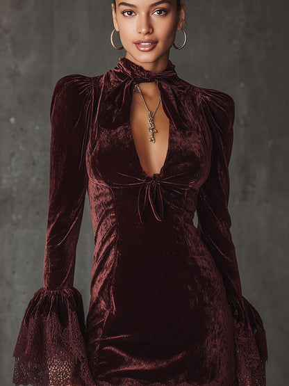 Burgundy Velvet Lace Trimmed Long Sleeve Mini Dress