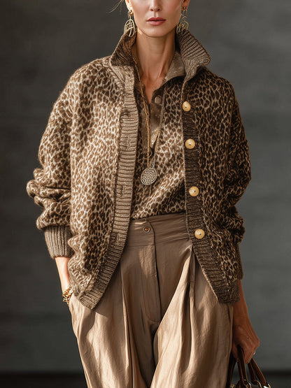 Chocolate Leopard Print Knit Lapel Button Down Cardigan
