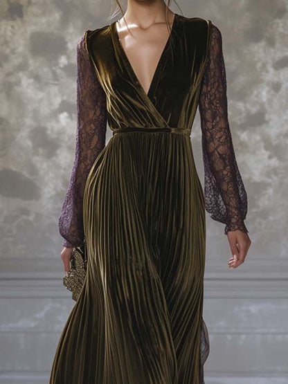 Olive Green Velvet Maxi Dress With Purple Mesh Sleeves