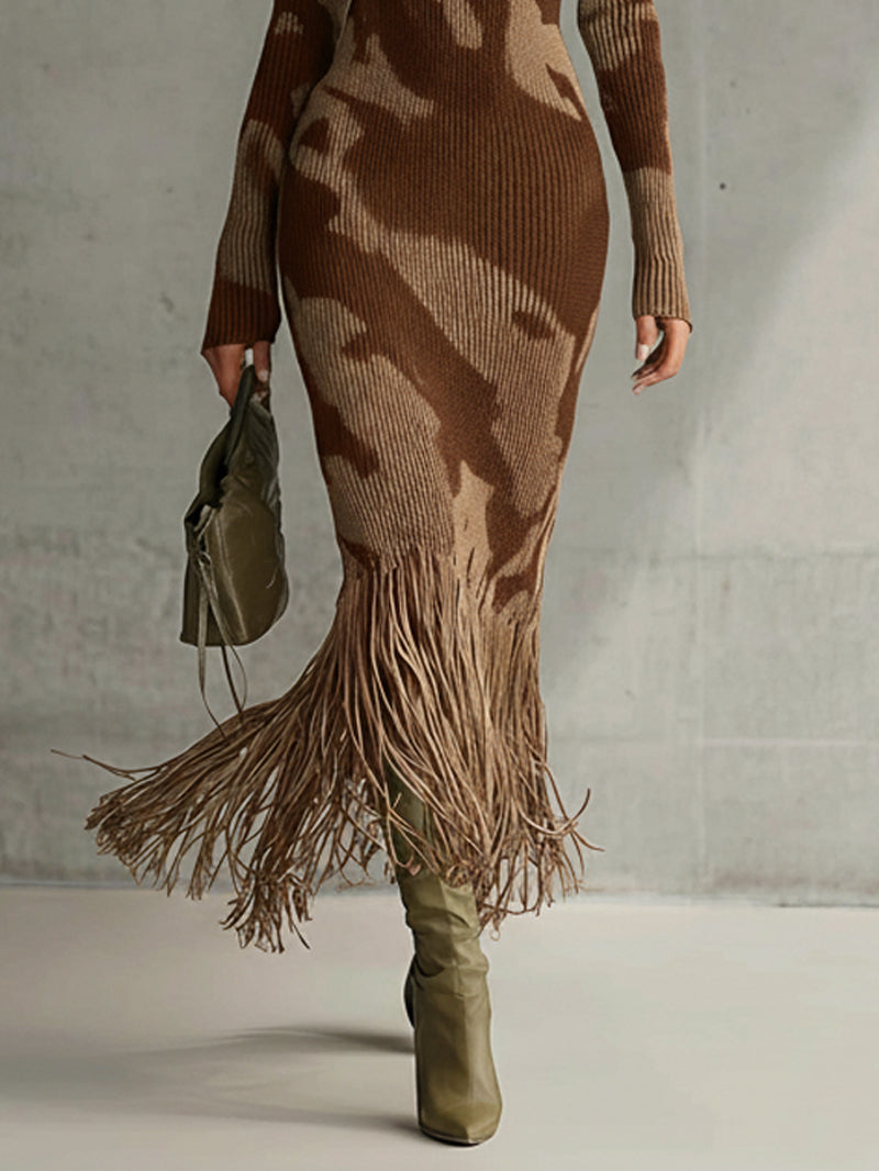 Olive Camo Knit V-Neck Fringe Hem Bodycon Dress