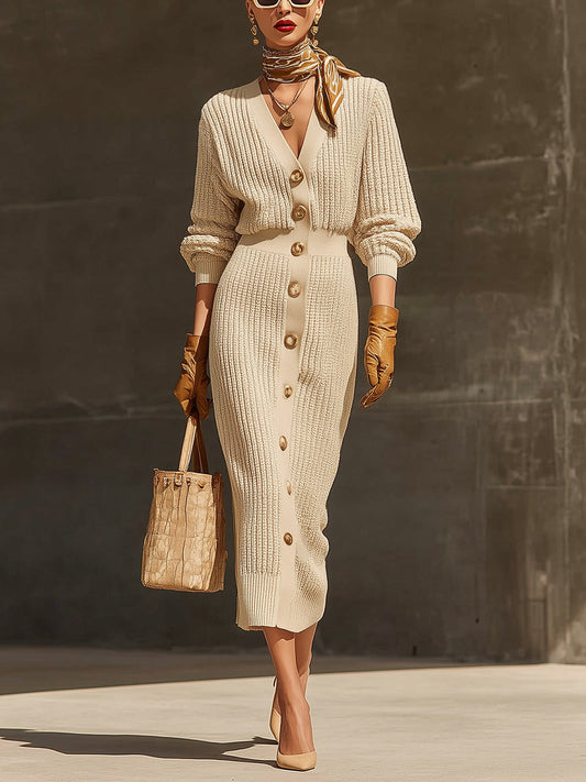 Beige Elegant Ribbed Knit Midi Dress With Button Accents