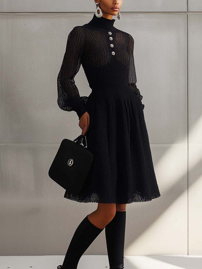 High Collar Black Lace Midi Dress With Silver Buttons