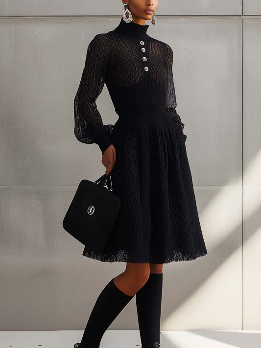 High Collar Black Lace Midi Dress With Silver Buttons