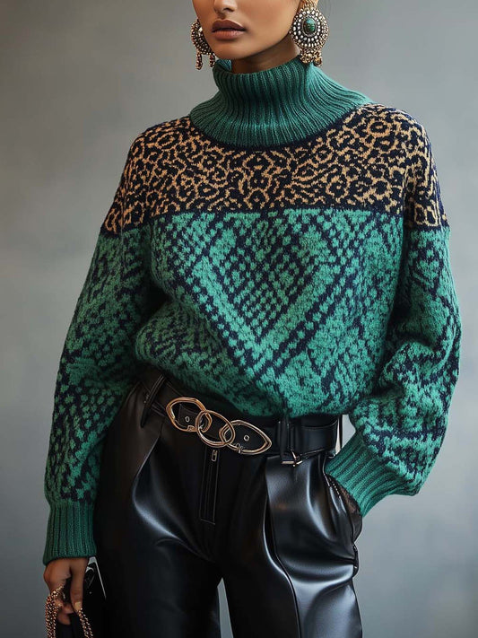 Turtleneck Cyan Sweater With Retro Pattern