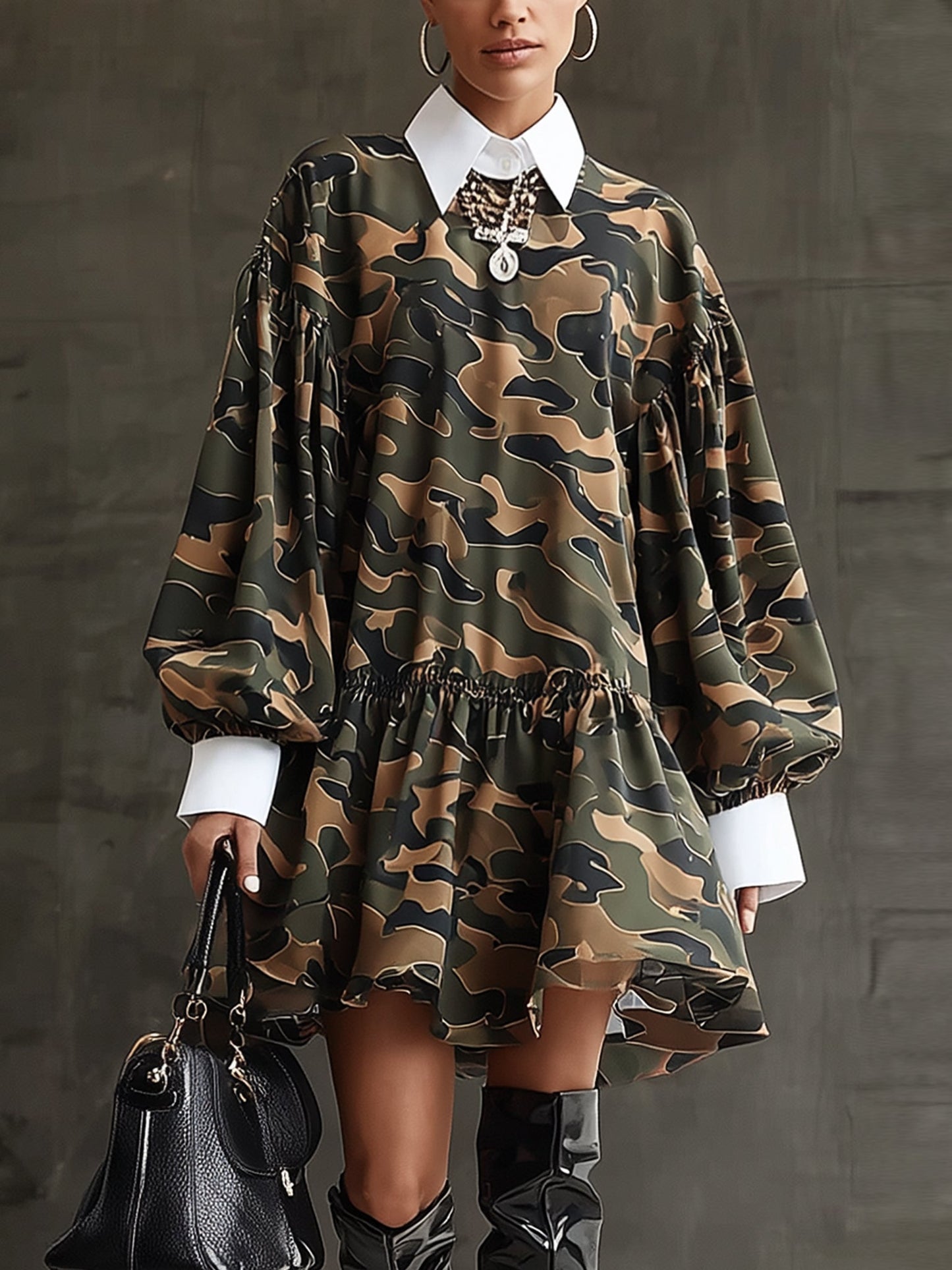 Olive Green Camouflage Puff Sleeve Ruffled Skater Dress With White Shirt Collar