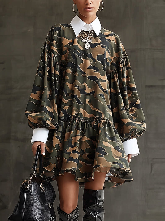 Olive Green Camouflage Puff Sleeve Ruffled Skater Dress With White Shirt Collar
