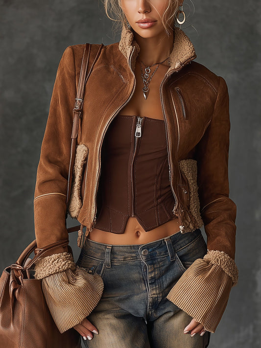 Vintage Brown Faux Suede Long Sleeve Jacket With Sherpa Trim
