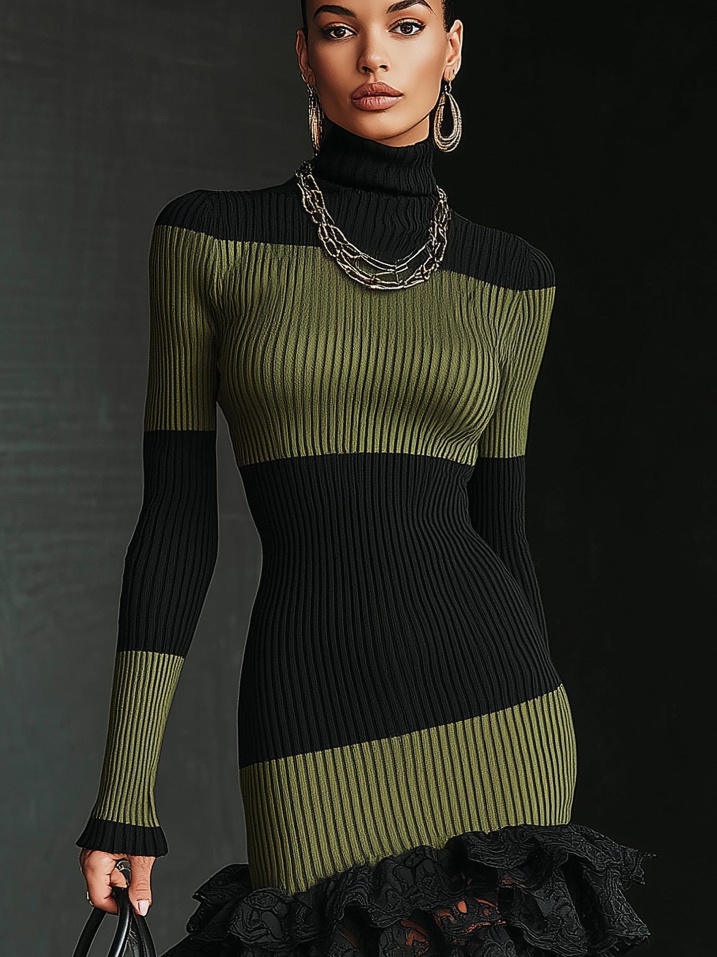 Olive Green And Black Rib Knit High Neck Ruffle Hem Mini Dress