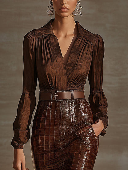 Brown Printed Top And Crocodile-print Faux Leather Skirt