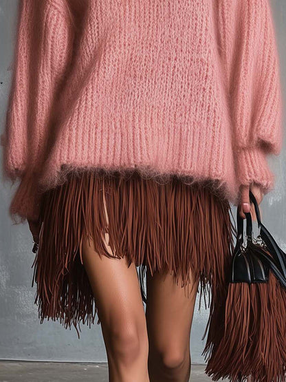 Pink Knitted Mini Dress With Brown Tassels