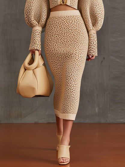 Cream Leopard Wool Blend Cropped Jacket And Midi Skirt Set
