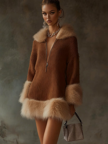 Brown Ribbed Knit Dress With Faux Fur Trim And Front Zip