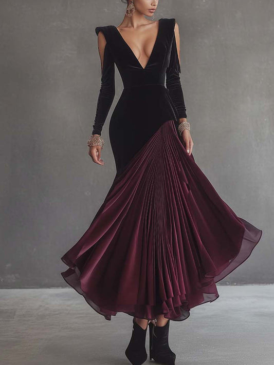 Cold Shoulder Stitching Burgundy Black Velvet Maxi Dress