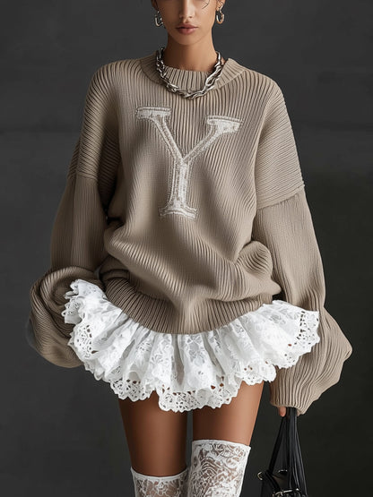 Taupe Crew Neck Knit Lace Flared Skater Dress