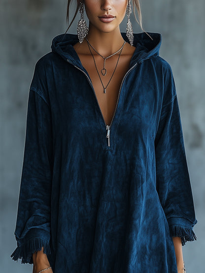 Blue Boho Chic Hooded Fringed Faux Suede Dress