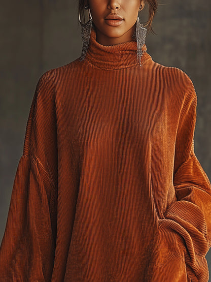 Orange Corduroy Loose Tassel Hem High Collar Dress