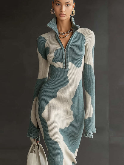 Teal Contrast Knit  Half Zip Long Sleeve Bodycon Dress With Fringed Hem