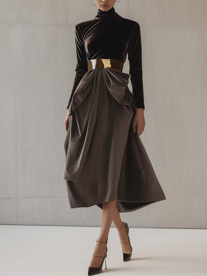 Brown And Gray Velvet Midi Dress With A Gold Fashion Belt