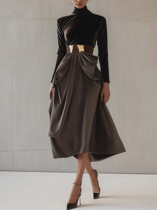 Brown And Gray Velvet Midi Dress With A Gold Fashion Belt
