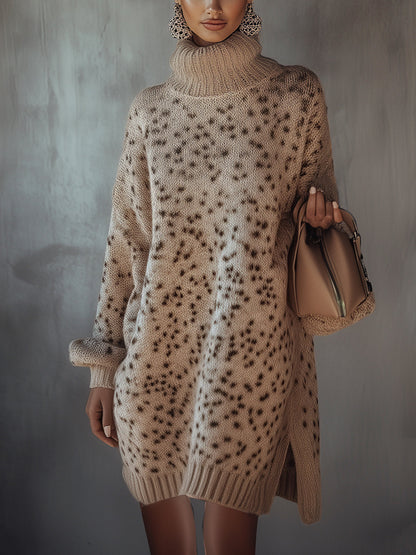 Khaki Chic Speckled Turtleneck Knit Dress