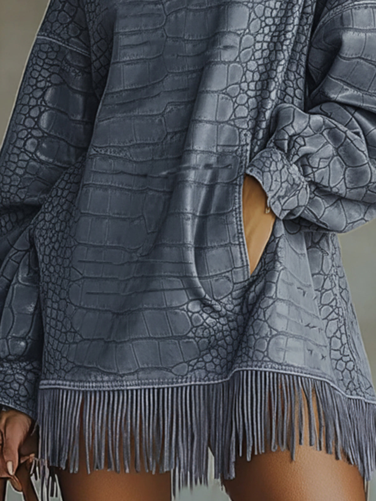 Blue Crocodile-Textured Fringed High Collar Mini Dress