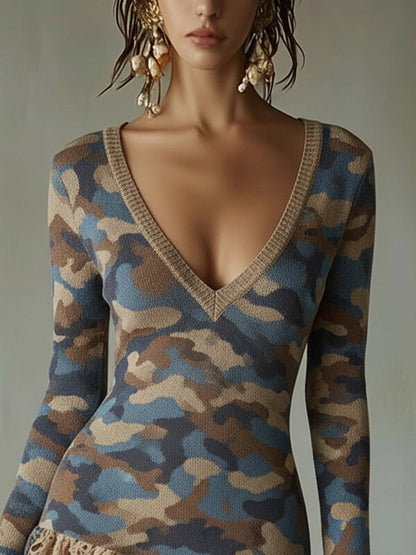 Blue Camo Knit Dress With Lace Ruffle Accents