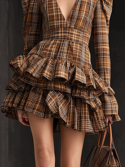 Brown Vintage Plaid Ruffled V-Neck Long Sleeve Mini Dress