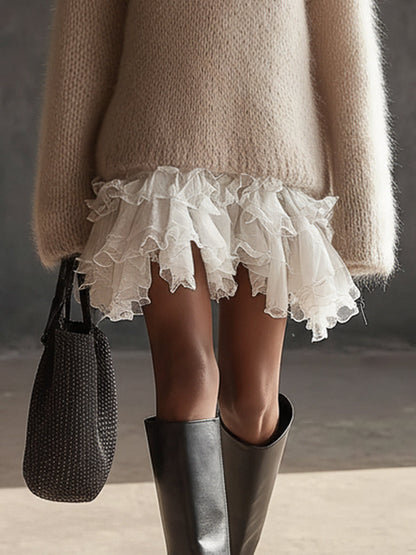 Beige Mohair Knit Open Back Mini Dress With Chiffon Ruffle Hem