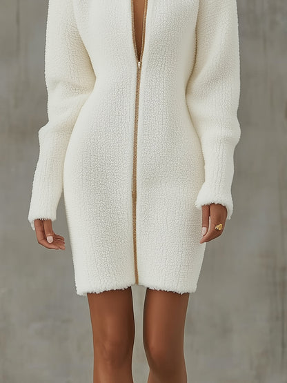 White Lambswool Zip-Front Dress